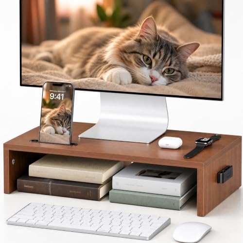 BONTEC Monitor Stand Riser with Cellphone Holder & Cable Management | 16.7 Inch Wood Monitor Riser Stand, Desktop Stand for PC/TV/Laptop/Printer, Walnut - color: Walnut, size: 16.7 Inch