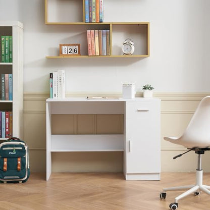 VEVOR Small Desk with Drawer, Kids Desk for Bedroom, Wooden Simple Study Table for Drawing, Reading, Writing, Rectangle MDF Study Storage Table with Adjustable Shelf for Home, Office, White - size: 41.34"D x 17.32"W x 29.57"H