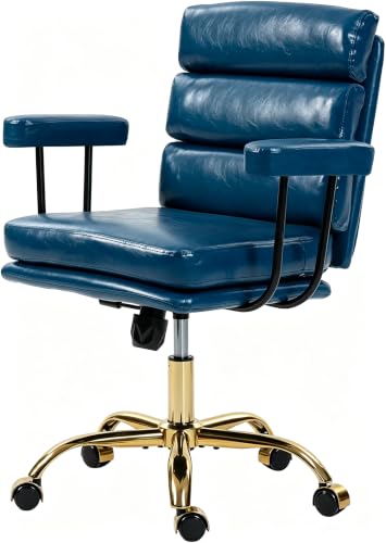 Leather Office Chair with Wheels,Ergonomic Swivel Rolling Task Chair,Padded Seat and Armrests,Adjustable Height Home Desk Chair,Executive Computer Chair, Gold Base Makeup Vanity Chair,Blue - color: Blue