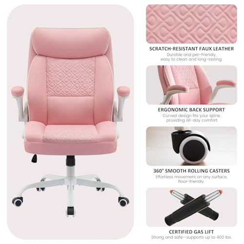 Leather Office Chair, Computer Desk Chair with Lumbar Support,Height Adjustment, Comfortable Excutive Task Chairs 400lbs with Padded Flip-up Armrests, Pink - color: Pink