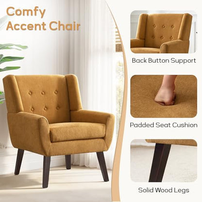 HUIMO Living Room Chairs Set of 2,Upholstered Button Linen Accent Chair | Mid Century Fabric Modern Armchair,Comfy Arm Club Sofa Chairs for Living Room Reading Bedroom,Waiting Room Yellow 2PCS - color: Yellow