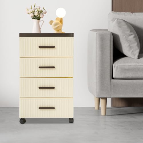 4 Tier Storage Cabinet With Wheels, PP Drawer Organizer Unit, Rolling Slim Storage Cart, Modern Nightstand, 2 Brakes, 22.4in, for Bedroom, Kitchen, Bathroom, Living Room (Creamy Yellow, Brown)