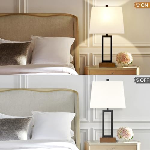 Lolikit Table Lamp for Bedroom Set of 2 with 2 USB Ports and AC Power Outlet, 23.5" Modern Bedside Lamp, Wood Nightstand Lamp with Linen Shade for Living Room Hotel Desk(LED Bulb Included) - color: Black