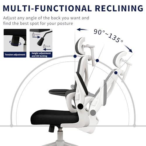 Ergonomic Office Chair - Desk Chair with Adjustable Headrest Lumbar Support Computer Chair - Mesh Comfy Chair with Flip-up Armrests - Gaming Chairs for Adults Home Office 330 LBS (White+Black) - color: White+black