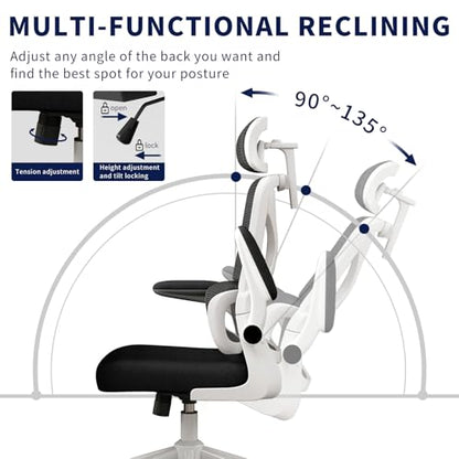 Ergonomic Office Chair - Desk Chair with Adjustable Headrest Lumbar Support Computer Chair - Mesh Comfy Chair with Flip-up Armrests - Gaming Chairs for Adults Home Office 330 LBS (White+Black) - color: White+black