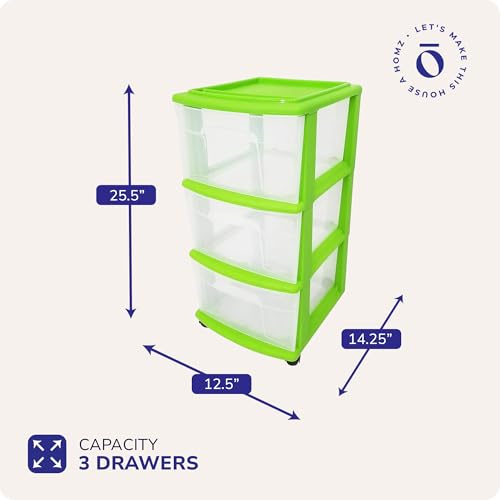 HOMZ Drawer Tower, 3-Tier Storage Cart with Removable Wheels, Bold Lime - color: Bold Lime, size: 1 Pack