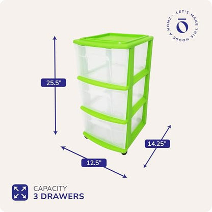 HOMZ Drawer Tower, 3-Tier Storage Cart with Removable Wheels, Bold Lime - color: Bold Lime, size: 1 Pack