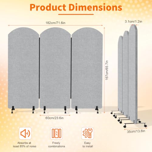 Office Divider Privacy Panel with Wheels, 72 x 66 Inch Freestanding Room Partition Wall, Portable Temporary Wall, 3 Panel Acoustic Screen for Office, Study, Classroom (Arc-Light Gray) - color: Arc-light Gray