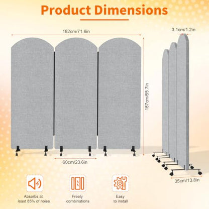 Office Divider Privacy Panel with Wheels, 72 x 66 Inch Freestanding Room Partition Wall, Portable Temporary Wall, 3 Panel Acoustic Screen for Office, Study, Classroom (Arc-Light Gray) - color: Arc-light Gray