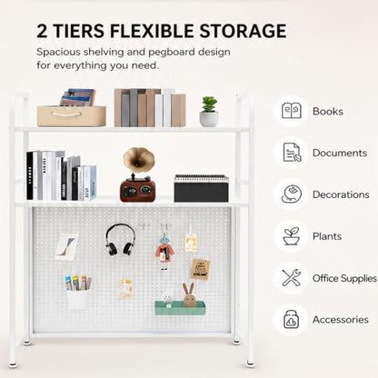 Desktop Hutch Bookshelf, 2-Tier Metal Desk Shelf Bookcase, Countertop Storage Organizer, Multipurpose Display Rack with Pegboard Hooks Screwdriver Set for Dorm Office Home (White, 29.53")