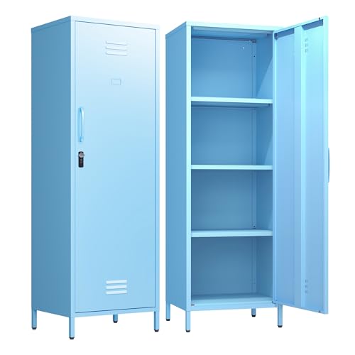 Metal Locker Storage Cabinets School Lockable Single File Storage Cabinet with Door and Removable Shelves Kids Locker for Gym Pantry Kitchen (Light Blue) - color: Blue, size: 59.06"H