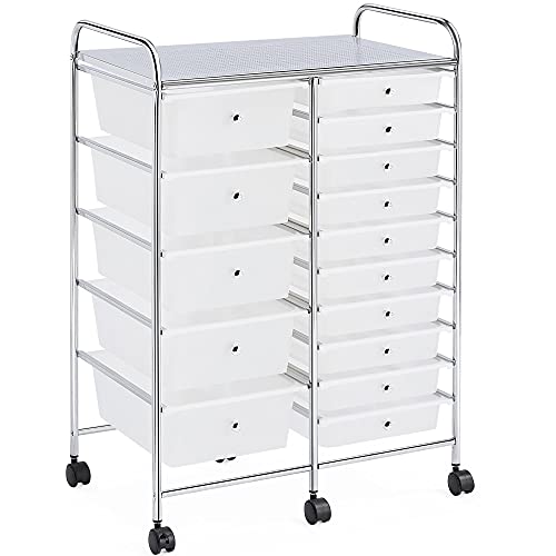 Yaheetech 15-Drawer Rolling Storage Cart on Wheels, Craft Organizer, White - color: White, style: 15 Drawers