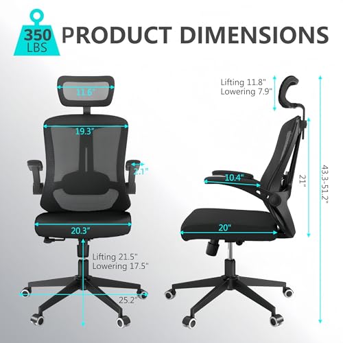 Ergonomic Office Chair - 350LB Comfy Desk Chairs with Adjustable Headrest and Lumbar Back Support, Mesh Computer Chairs with Wheels and Arms for Home Office, Study (Black-with Headrest) - color: Black