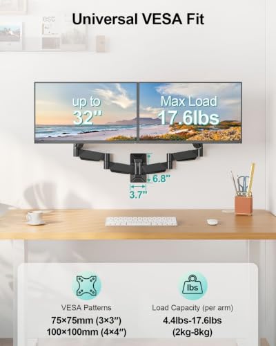 Long Arm Dual Monitor Wall Mount for 17-32" | 27.1" Extra Long Monitor Mount Holds up to 17.6 lbs Each Gas Spring Wall Monitor Arm Full Motion VESA Mount, 75/100, Black - size: Dual Wall Mount