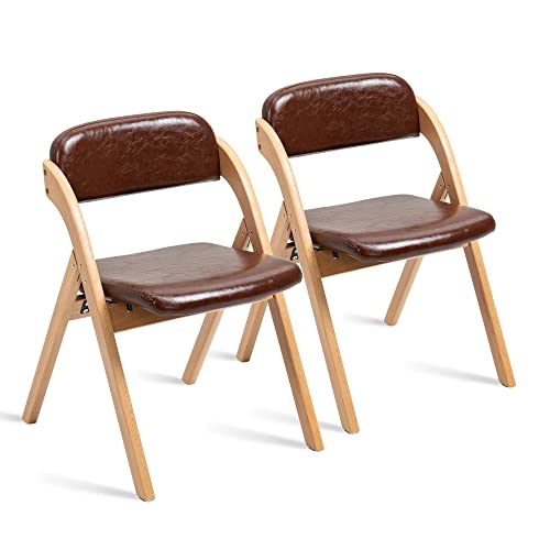 PU Folding Chairs with Padded Seats | Wooden Stackable Foldable Dining Chair Set of 2 Easy to Assemble Extra for Guests Kitchen Office Wedding - color: Wood With Pu, size: 2PCS