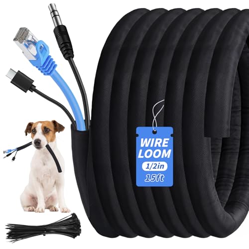 15ft - 1/2in Split Braided Sleeve Cable Management, Self-Wrapping | Flexible loom tubing protects wires from abrasion and heat. Great for automotive, TV, computer, and home electrical use. - size: 1/2inx15ft