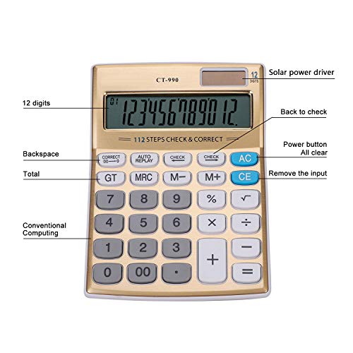 Solar Powered 12 Digit Large LCD Display Standard Function Desktop Calculator, Gold