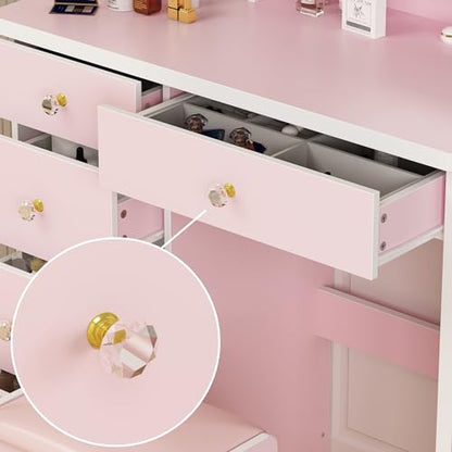 ECACAD Vanity Desk Set with LED Lighted Round Mirror, Makeup Dressing Table with 5 Drawers, Storage Shelves & Cushioned Stool for Bedroom, Pink - style: Pink-With Light