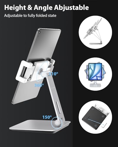 Maxonar Tablet Stand for Desk, 360° Adjustable Aluminum Alloy Swivel iPad Charging Tablet, iPad Pro Air Mini Tablet Holder for Bed Store POS Showcase Kitchen Office Drawing Desktop (6-13''), Silver - color: Silver