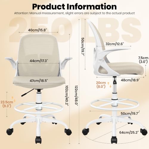 Drafting Chair Tall Office Chair with Flip-up Armrests Executive Ergonomic Computer Standing Desk Chair with Lumbar Support and Adjustable Footrest Ring (Beige) - color: Beige, size: 934-Z