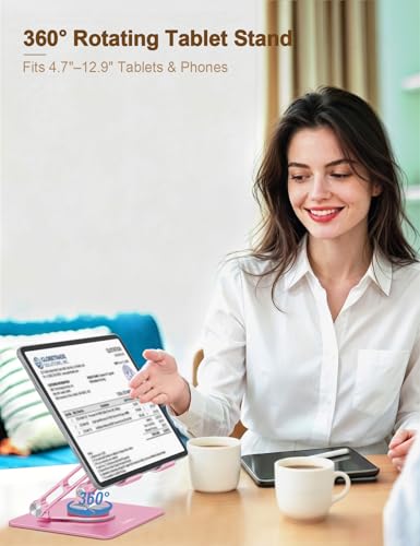 Aoviho Rotating Tablet Stand for Desk - [Adjustable] Drawing Stand for iPad, Portable Aluminum Desktop Holder, Compatible with 4.7–12.9 inch Devices (Pink) - color: Pink