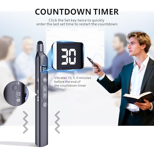 N21 Bluetooth Presentation Clicker for PowerPoint with Retractable Pointer | ①Laser Pointer②Telescopic touch pen③Countdown timer, vibration alert ④Customizable Button ⑤Rechargeable;battery level display - color: Black - Red Pointer
