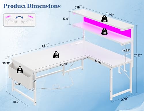 DurayLoly White L Shaped Desk with LED Light & 5 Power Outlet for Gaming | 41 Vivid Lighting Modes LED of Gaming Desk; Built-In Charging Hub (3 AC+2 USB) Charges 5 Devices to Tidy Gaming Station,White - color: White, size: 43Inch