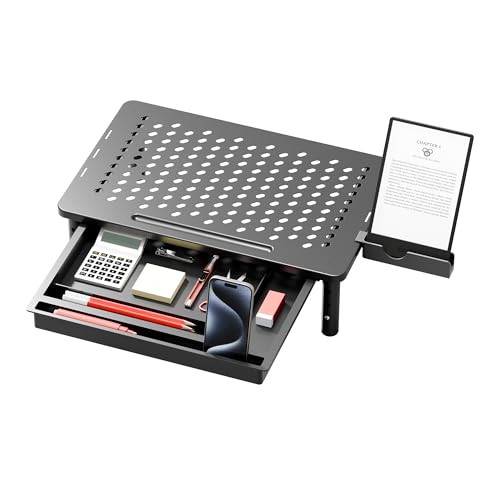 Computer Monitor Stand Riser with Storage, 3 Height Adjustable Laptop Desktop Monitor Stand with Drawer, Metal Short Printer Table, Stand Riser for Desk, Office Desk Organizers and Accessories, 1 Pack - color: Black, size: with Deawer-1 Pack