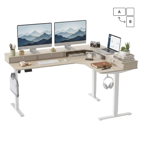 CubiCubi 63x48 Inches L Shaped Standing Desk with 3 Drawers and Monitor Shelf, Height Adjustable Corner Computer Desk with Hooks, Sit Stand Up Ergonomic Home Office Workstation Table, Light Walnut - color: Light Walnut, size: 63"x48"