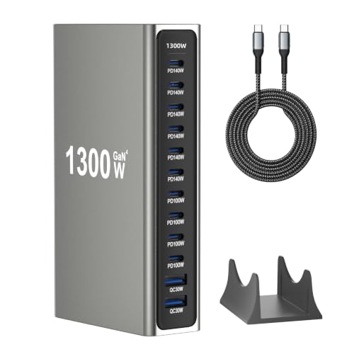 1300W GaN 4 USB C Charging Station, 12-Port Desktop Charger with 6 x 140W USB-C PD, 4 x 100W USB-C PD and 2 x QC 3.0 USB-A Ports, Includes 6.6 ft 240W USB-C Fast Charging Cable - size: 1300WGaN4