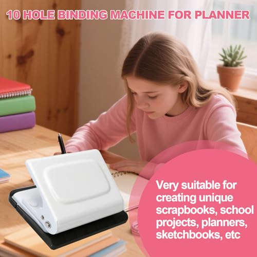 10 Hole Punch Binding Machine for Planner, Manual Binding System with 10 Multi-Color Binder Rings for Making 26 Holes on B5, 30 Holes on A4, 20 Holes on A5 Book, 10 Sheet Capacity - White - color: White