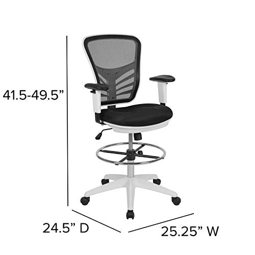 EMMA + OLIVER White Mid-Back Mesh Drafting Chair | Adjustable Foot Ring, 360° Swivel, Height Adjustable, Commercial Grade - color: Black Mesh/White Frame