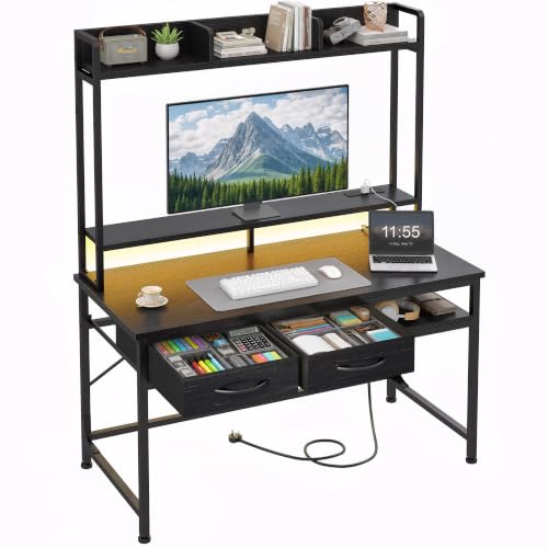 DurayLoly 39.4" Small Desk with Storage,Computer Desk with Shelves,Black Desk with Hutch and Drawers&LED, Home Office Desk with Monitor Stand and Bookshelf for Study/Writing/Workstation,Small Spaces - color: Black, size: 18.9"D x 39.4"W x 61.1"H