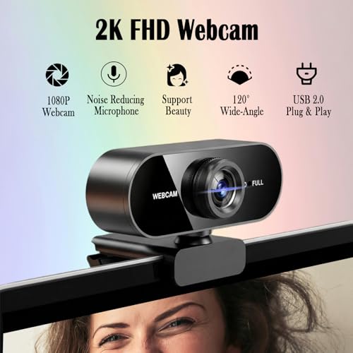 2K Webcam for PC/Laptop, USB Webcam with Microphone, Noise Cancellation, Support Beauty, Plug & Play with Auto Light Correction for Video Calls, Live Streaming Gaming & Online Meetings - size: 2K