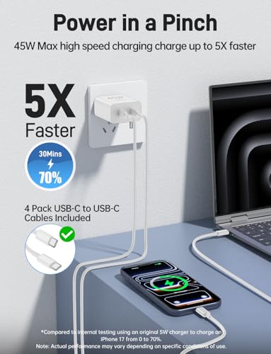 45W iPhone 17 16 15 Charger Fast Charging, 2 Pack Dual Port USB C Charger - color: White, size: 2pack-(3+6+6+10)ft