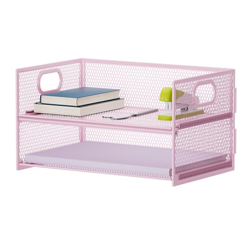 Marbrasse 2 Tier Paper Organizer Letter Tray, Mesh File Organizer with Handle, Paper Sorter Desk Organizer for Home Office Supplies - Pink - color: Pink