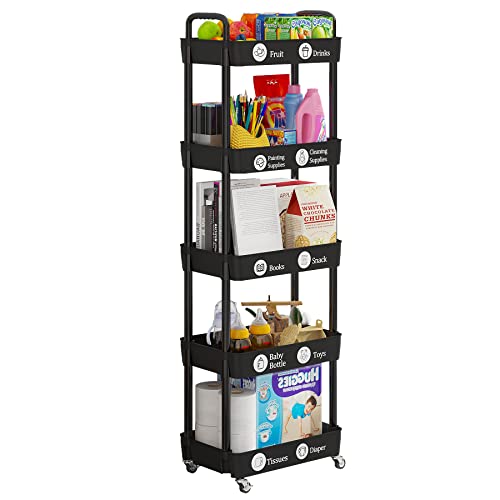 5 Tier Rolling Cart with Wheels,Utility Storage Carts,Black - color: Black, size: 5-Tier