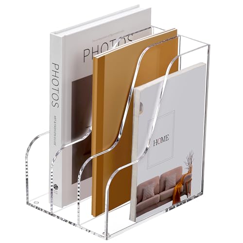 SANRUI Acrylic File Organizer, Compact Desk Organizer for Folders, Binders, Notebooks, Envelopes, Clear Magazine File Holder, 3 Section Bookshelf for School Home Office Organization, A4 Size - size: A4,3 Sections
