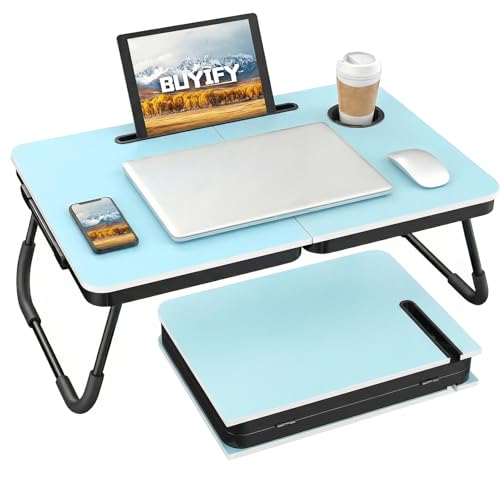 BUYIFY 23.4" Foldable Lap Desk Bed Table with Cup Holder Tray Blue - color: Blue