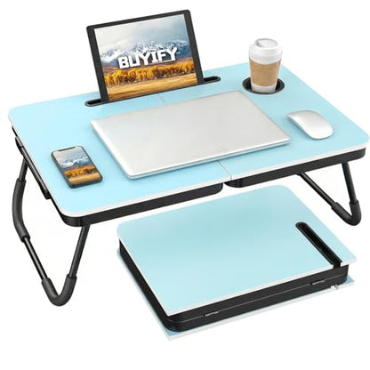 BUYIFY 23.4" Foldable Lap Desk Bed Table with Cup Holder Tray Blue - color: Blue