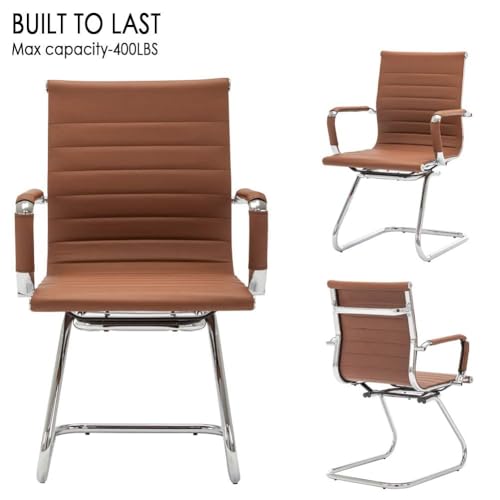 Conference Room Chairs Set of 6, Waiting Room Chairs with Arms, Faux Leather Reception Chairs No Wheels, Office Guest Chairs with Mid Back Support and Chrome Sled Base, Cafe - color: Cafe, size: 6PCS