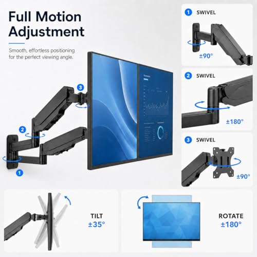 Mount-It! Dual Monitor Wall Mount Bracket - Double Computer Monitor Wall Mount With Two Height Adjustable Full Motion Arms Tilt up to 17" - 32" Inch Screens with 75, 100 VESA Patterns, 19.8 Lb Per Arm