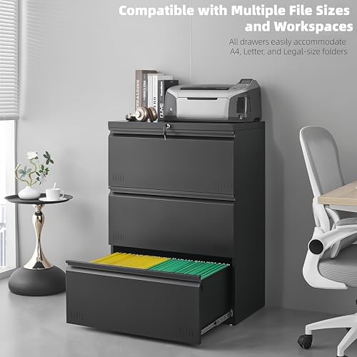 Approgreent Lateral 3 Drawer File Cabient with Lock, Metal Filing Cabinets for Home Office, Heavty Duty Office Storage Cabinet for A4/Letter/Legal (Matte Black) - color: 17-k Black