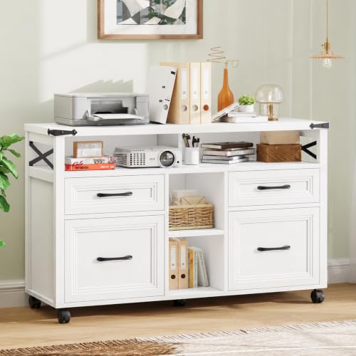 Halitaa Farmhouse Filing Cabinet with Adjustable Shelf & Wheels, White - color: Cream White, size: 4 Drawers&Wheels