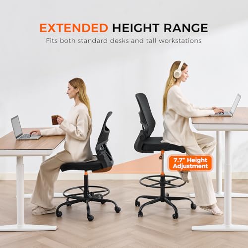 Armless Drafting Chair, Tall Office Chair for Standing Desks | A foot ring steadies legs through crafting and studio projects; breathable lumbar mesh and silent casters fit compact spaces. - color: Black-drafting
