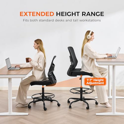 Armless Drafting Chair, Tall Office Chair for Standing Desks | A foot ring steadies legs through crafting and studio projects; breathable lumbar mesh and silent casters fit compact spaces. - color: Black-drafting