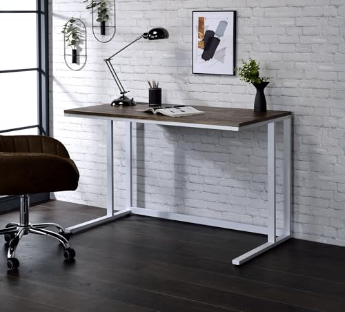 Penau Writing Desk Walnut and White Finish, Built-in USB Port and Power Outlet, Engineered Wood Top with Metal Frame, Open Base Knee Space, 47 x 24 x 30 Inchs, Weight Limit 70lbs
