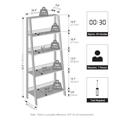 Furinno Ladder Display Shelf, 5-Tier Ladder Shelf, Standing Bookshelf, Display Storage Shelves, 13 x 23.6 x 53.5, for Living Room, Home Office, White - color: White