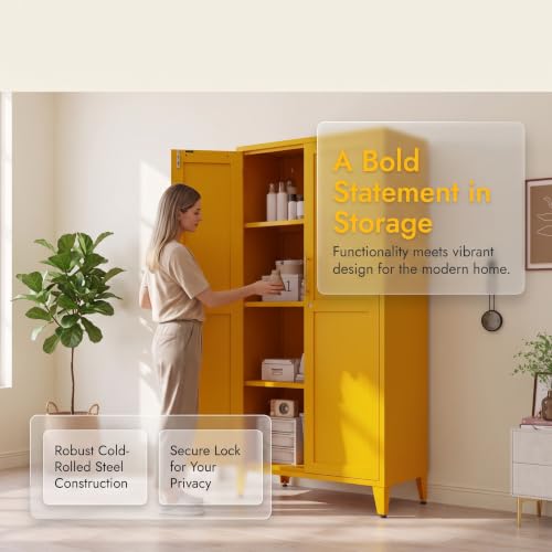 61" H Yellow Metal Storage Armoire Cabinet, Lockable Steel Cabinet, 2-Door Tall Locker with 3 Adjustable Shelves, Freestanding Steel Utility Cabinet for Bedroom, Office, Living Room - color: Yellow, style: 61"H-Cabinet-YX