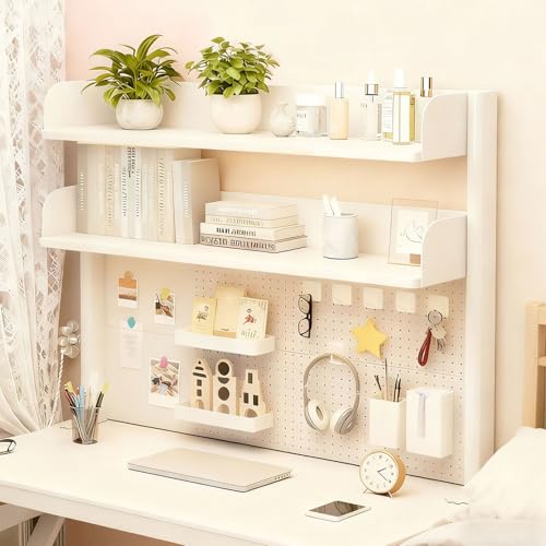 Clamp On Desk Shelf Organizer with Pegboard Desk Hutch Dorm with Storage Bookshelf Desk Top Organizer Shelf Multi-Purpose White & Black Desktop Shelves & Office Shelves (White, W - 31.5") - color: White, size: W - 31.5"